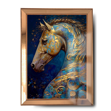3D Gold Blue At Cam Aynalı Çerçeve Tablo