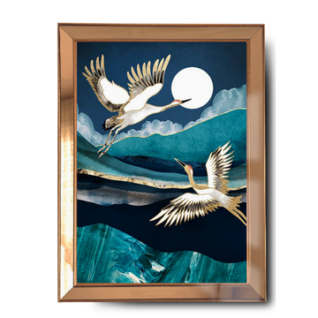 3D Gold Blue Kuşlar Cam Aynalı Çerçeve Tablo